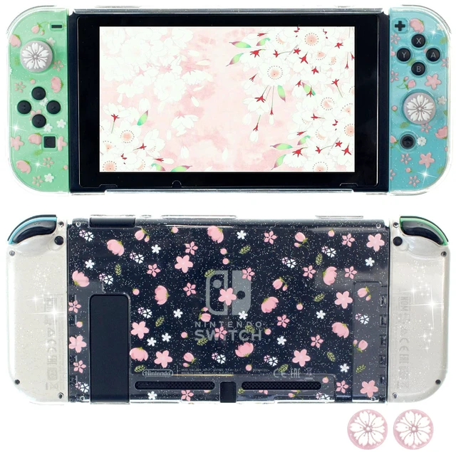 Main image of Glitter Clear Case for Nintendo Switch, Hard Shell Cute Protective Case Cover for Switch and Joy Con Controller with 2 Cat Claw Thumb Grips - Embossed Feel (Pink Sakura Snow)