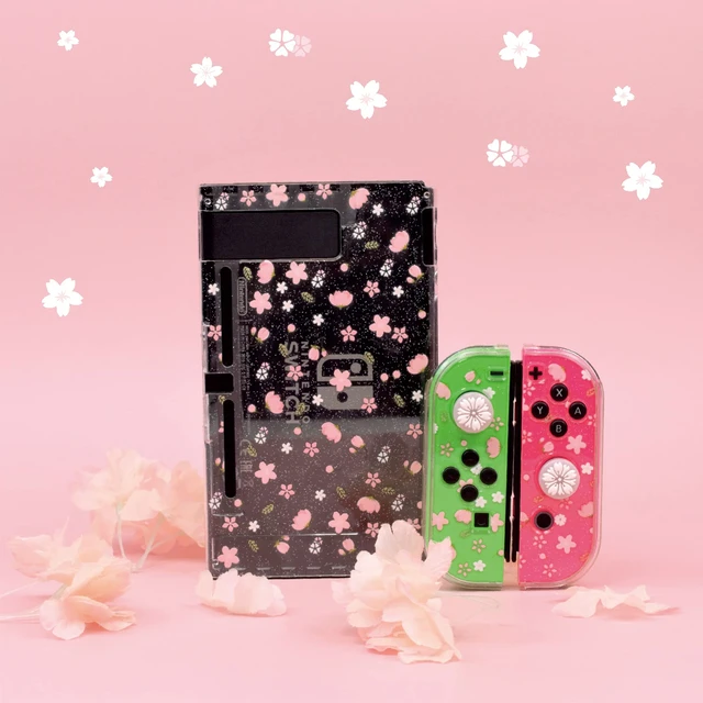 Alt view image 5 of 7 - Glitter Clear Case for Nintendo Switch, Hard Shell Cute Protective Case Cover for Switch and Joy Con Controller with 2 Cat Claw Thumb Grips - Embossed Feel (Pink Sakura Snow)