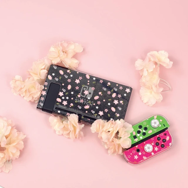 Alt view image 6 of 7 - Glitter Clear Case for Nintendo Switch, Hard Shell Cute Protective Case Cover for Switch and Joy Con Controller with 2 Cat Claw Thumb Grips - Embossed Feel (Pink Sakura Snow)