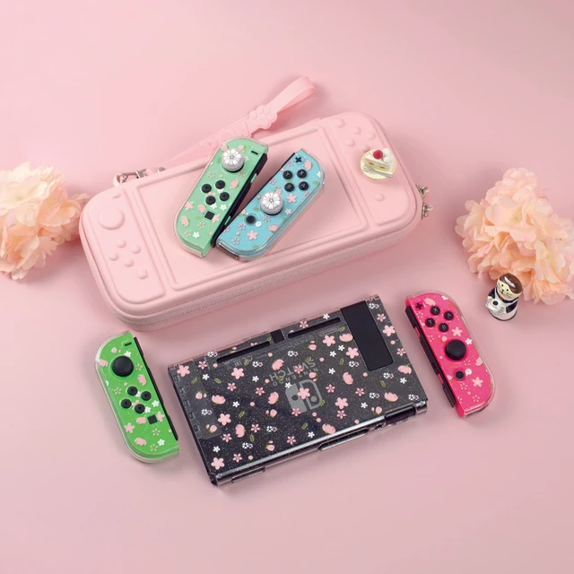 Alt view image 7 of 7 - Glitter Clear Case for Nintendo Switch, Hard Shell Cute Protective Case Cover for Switch and Joy Con Controller with 2 Cat Claw Thumb Grips - Embossed Feel (Pink Sakura Snow)