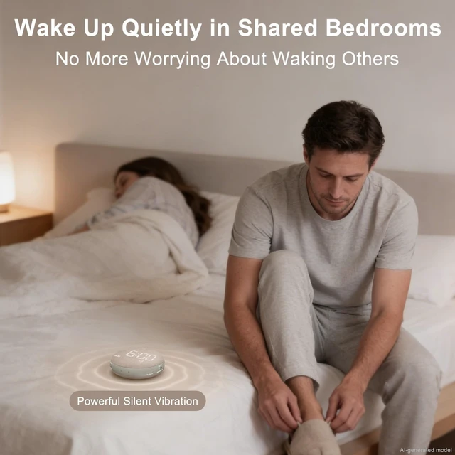 Alt view image 3 of 7 - Extra Loud Alarm Clock Vibrating Bed Shaker for Heavy Sleepers | Auto-Dim Digital Clock for Hearing Impaired Deaf - Portable Rechargeable Battery for Bedroom Travel Dorm - Putty