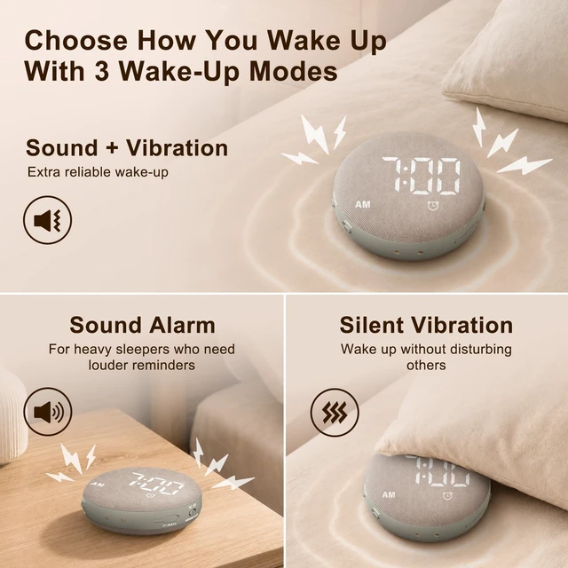 Alt view image 4 of 7 - Extra Loud Alarm Clock Vibrating Bed Shaker for Heavy Sleepers | Auto-Dim Digital Clock for Hearing Impaired Deaf - Portable Rechargeable Battery for Bedroom Travel Dorm - Putty