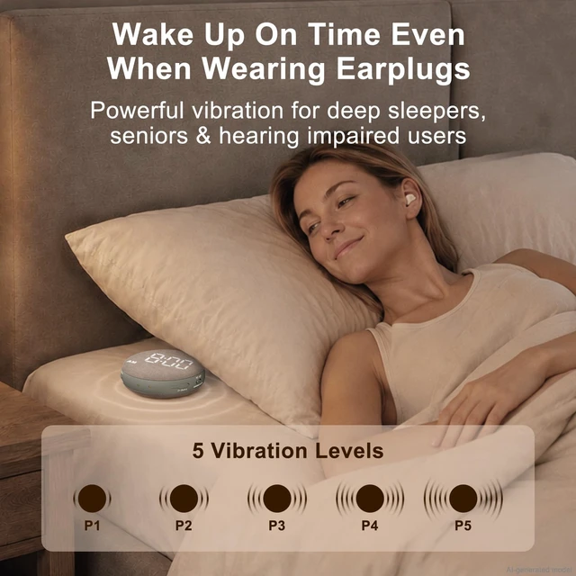 Alt view image 7 of 7 - Extra Loud Alarm Clock Vibrating Bed Shaker for Heavy Sleepers | Auto-Dim Digital Clock for Hearing Impaired Deaf - Portable Rechargeable Battery for Bedroom Travel Dorm - Putty