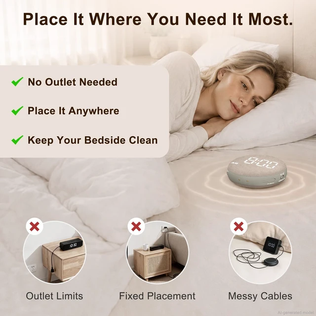 Alt view image 2 of 7 - Extra Loud Alarm Clock Vibrating Bed Shaker for Heavy Sleepers | Auto-Dim Digital Clock for Hearing Impaired Deaf - Portable Rechargeable Battery for Bedroom Travel Dorm - Putty
