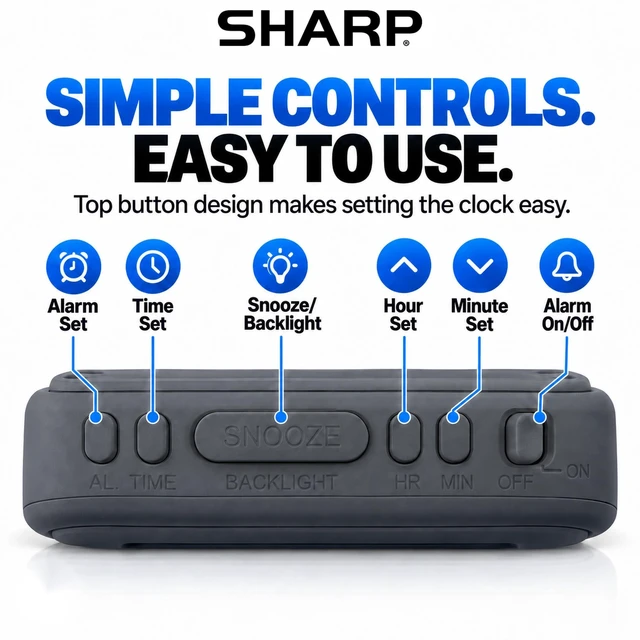 Alt view image 4 of 7 - Battery Alarm Clock, Soft-Touch Case and Backlight, Charcoal Black | Soft-touch rubberized case; Battery operated; Blue backlight on demand; Ascending alarm; Snooze; Easy to use