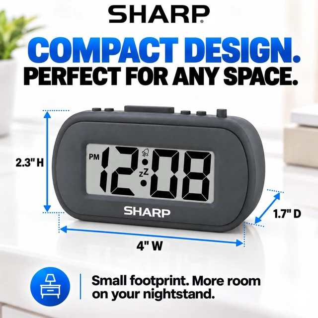 Alt view image 5 of 7 - Battery Alarm Clock, Soft-Touch Case and Backlight, Charcoal Black | Soft-touch rubberized case; Battery operated; Blue backlight on demand; Ascending alarm; Snooze; Easy to use
