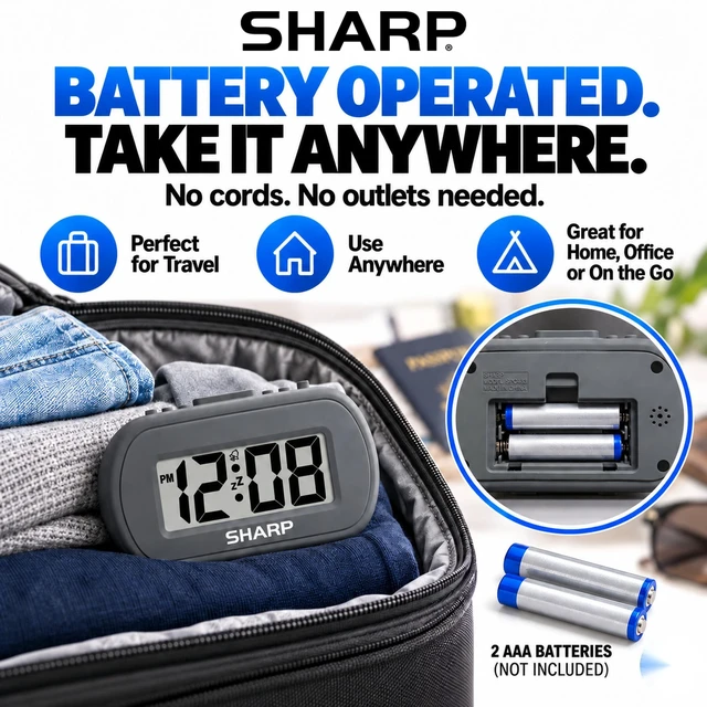 Alt view image 6 of 7 - Battery Alarm Clock, Soft-Touch Case and Backlight, Charcoal Black | Soft-touch rubberized case; Battery operated; Blue backlight on demand; Ascending alarm; Snooze; Easy to use