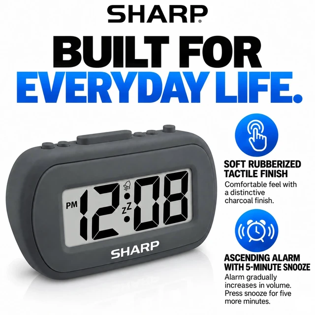 Alt view image 7 of 7 - Battery Alarm Clock, Soft-Touch Case and Backlight, Charcoal Black | Soft-touch rubberized case; Battery operated; Blue backlight on demand; Ascending alarm; Snooze; Easy to use