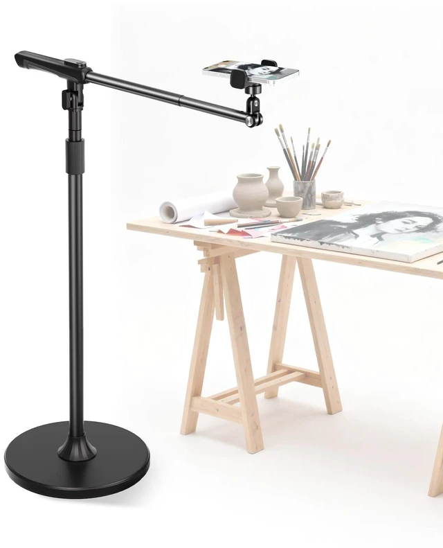Main image of Phone Floor Stand, Overhead Phone Mount with Extendable Horizontal Arm & Remote, 360° Rotatable Extension Arm, Adjustable Tripod Stand for iPhone17, Video Recording, Photography, Live Streaming