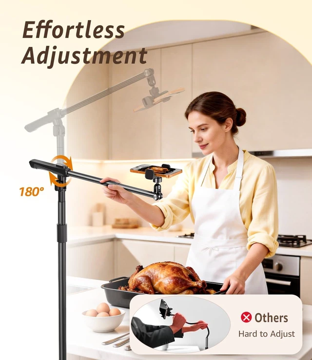 Alt view image 2 of 7 - Phone Floor Stand, Overhead Phone Mount with Extendable Horizontal Arm & Remote, 360° Rotatable Extension Arm, Adjustable Tripod Stand for iPhone17, Video Recording, Photography, Live Streaming