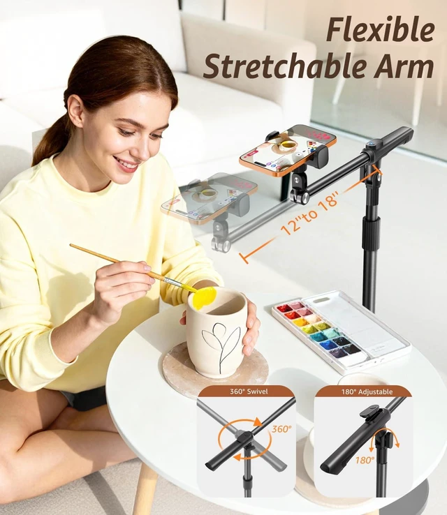 Alt view image 3 of 7 - Phone Floor Stand, Overhead Phone Mount with Extendable Horizontal Arm & Remote, 360° Rotatable Extension Arm, Adjustable Tripod Stand for iPhone17, Video Recording, Photography, Live Streaming