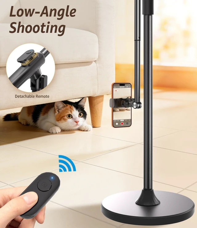 Alt view image 6 of 7 - Phone Floor Stand, Overhead Phone Mount with Extendable Horizontal Arm & Remote, 360° Rotatable Extension Arm, Adjustable Tripod Stand for iPhone17, Video Recording, Photography, Live Streaming