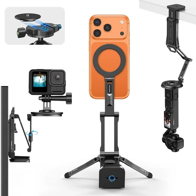 Main image of TP02-Ultra Multi-Device Camera & Phone Mount with 1/4" Adapter Black | Built-In 1/4" & Arca Base, Clamp, Magnetic & Tripod Setups for iPhone, Pocket/Action Cameras, Overhead & Low-Angle Filming