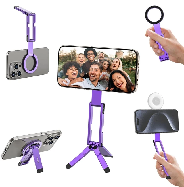 Main image of MA60 Phone Tripod for Magsafe, Aluminium Mini Phone Stand Purple | Pocket Size Cell Phone Stand, Foldable Selfie Stick for iPhone, Strong Magnet Quick Mount for iPhone 16 15 14 13 12