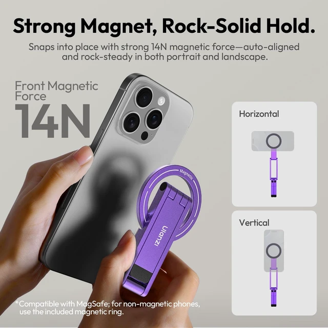 Alt view image 4 of 7 - MA60 Phone Tripod for Magsafe, Aluminium Mini Phone Stand Purple | Pocket Size Cell Phone Stand, Foldable Selfie Stick for iPhone, Strong Magnet Quick Mount for iPhone 16 15 14 13 12