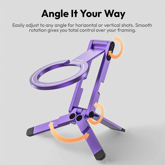 Alt view image 6 of 7 - MA60 Phone Tripod for Magsafe, Aluminium Mini Phone Stand Purple | Pocket Size Cell Phone Stand, Foldable Selfie Stick for iPhone, Strong Magnet Quick Mount for iPhone 16 15 14 13 12