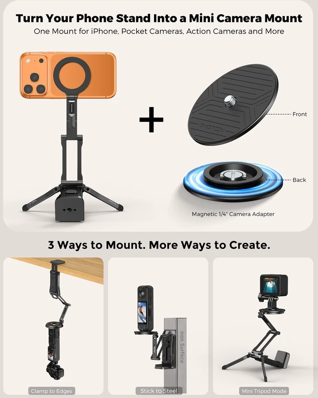 Alt view image 2 of 7 - TP02-Ultra Multi-Device Camera & Phone Mount with 1/4" Adapter Black | Built-In 1/4" & Arca Base, Clamp, Magnetic & Tripod Setups for iPhone, Pocket/Action Cameras, Overhead & Low-Angle Filming