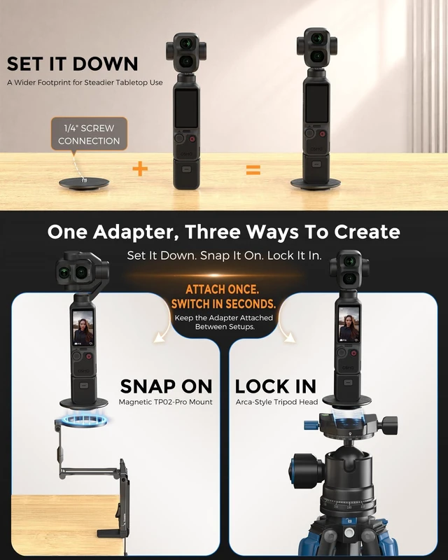 Alt view image 4 of 7 - TP02-Ultra Multi-Device Camera & Phone Mount with 1/4" Adapter Black | Built-In 1/4" & Arca Base, Clamp, Magnetic & Tripod Setups for iPhone, Pocket/Action Cameras, Overhead & Low-Angle Filming