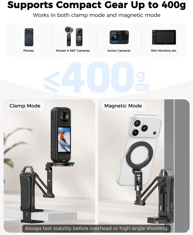 Alt view image 7 of 7 - TP02-Ultra Multi-Device Camera & Phone Mount with 1/4" Adapter Black | Built-In 1/4" & Arca Base, Clamp, Magnetic & Tripod Setups for iPhone, Pocket/Action Cameras, Overhead & Low-Angle Filming