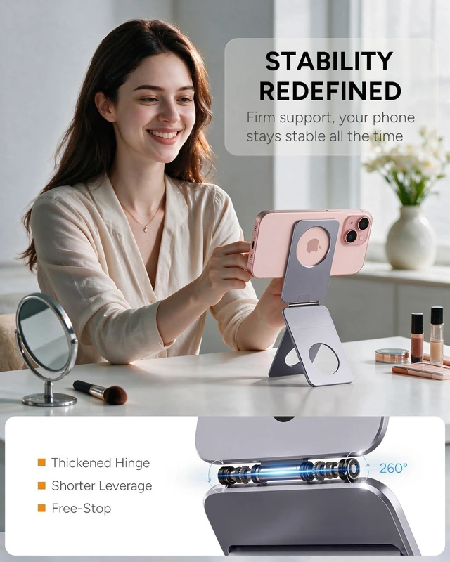 Alt view image 3 of 7 - Phone Stand, Portable Travel Phone Tripod Stand, Ultra-Thin 0.23" | Aluminum Alloy | Pocket Size | Flexible 20x Magnet Phone Stand | Fits MagSafe Charger | For Content Creators | Women Men Gift