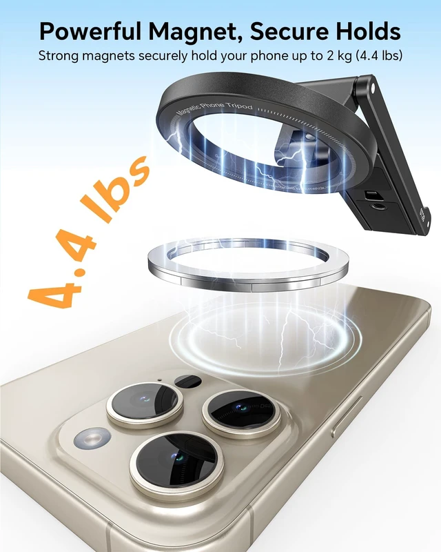 Alt view image 3 of 7 - ST28 360° Rotation Magnetic Phone Tripod Stand for iPhone 18 Pro | 5-in-1 Aluminum Mount with Magnetic Base, Hook, 1/4" Screw Hole, Foldable Compact Gift for Content Creator Travel Video Calls