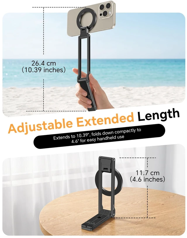 Alt view image 5 of 7 - ST28 360° Rotation Magnetic Phone Tripod Stand for iPhone 18 Pro | 5-in-1 Aluminum Mount with Magnetic Base, Hook, 1/4" Screw Hole, Foldable Compact Gift for Content Creator Travel Video Calls