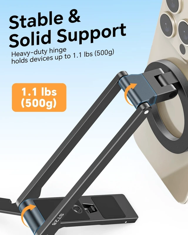Alt view image 4 of 7 - ST28 360° Rotation Magnetic Phone Tripod Stand for iPhone 18 Pro | 5-in-1 Aluminum Mount with Magnetic Base, Hook, 1/4" Screw Hole, Foldable Compact Gift for Content Creator Travel Video Calls