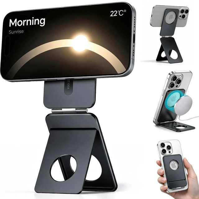 Main image of hone Stand, Portable Travel Phone Tripod Stand, Ultra-Thin 0.23" | Aluminum Alloy | Pocket Size | Flexible 20x Magnet Phone Stand | Fits MagSafe Charger | For Content Creators | Women Men Gift