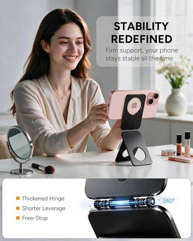 Alt view image 3 of 7 - hone Stand, Portable Travel Phone Tripod Stand, Ultra-Thin 0.23" | Aluminum Alloy | Pocket Size | Flexible 20x Magnet Phone Stand | Fits MagSafe Charger | For Content Creators | Women Men Gift