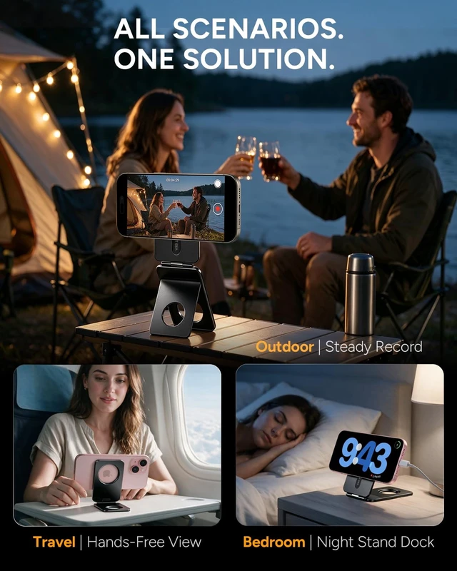Alt view image 5 of 7 - hone Stand, Portable Travel Phone Tripod Stand, Ultra-Thin 0.23" | Aluminum Alloy | Pocket Size | Flexible 20x Magnet Phone Stand | Fits MagSafe Charger | For Content Creators | Women Men Gift