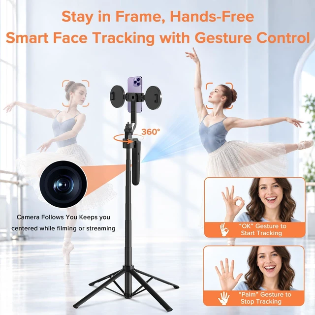 Alt view image 2 of 7 - Auto Face Tracking Tripod for iPhone with Light & Remote | 70.9" Tall Selfie Stick Tripod, 360° Rotating Phone Tripod for TikTok, Vlogging & Video Recording