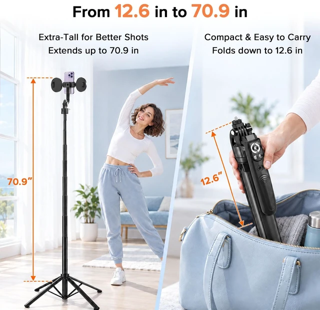 Alt view image 3 of 7 - Auto Face Tracking Tripod for iPhone with Light & Remote | 70.9" Tall Selfie Stick Tripod, 360° Rotating Phone Tripod for TikTok, Vlogging & Video Recording