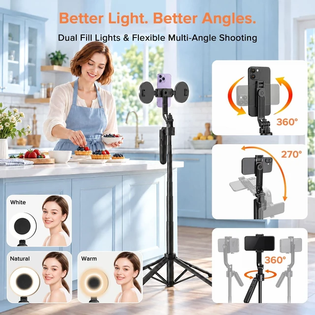 Alt view image 5 of 7 - Auto Face Tracking Tripod for iPhone with Light & Remote | 70.9" Tall Selfie Stick Tripod, 360° Rotating Phone Tripod for TikTok, Vlogging & Video Recording