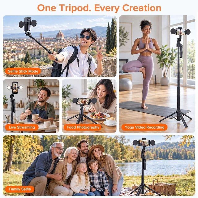 Alt view image 6 of 7 - Auto Face Tracking Tripod for iPhone with Light & Remote | 70.9" Tall Selfie Stick Tripod, 360° Rotating Phone Tripod for TikTok, Vlogging & Video Recording