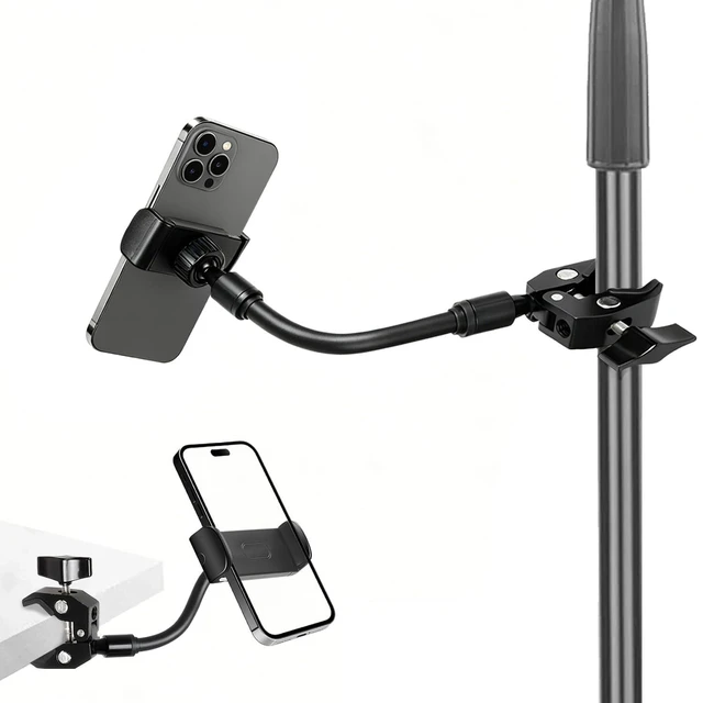 Main image of Mic Stand Phone Holder, Aluminum Alloy Clamp Flexible Gooseneck Arm Phone Holder for Microphone Stand Ring Light Tripod Pole Tube Rod Desk Table, for iPhone, Samsung Galaxy, and Any Smartphones