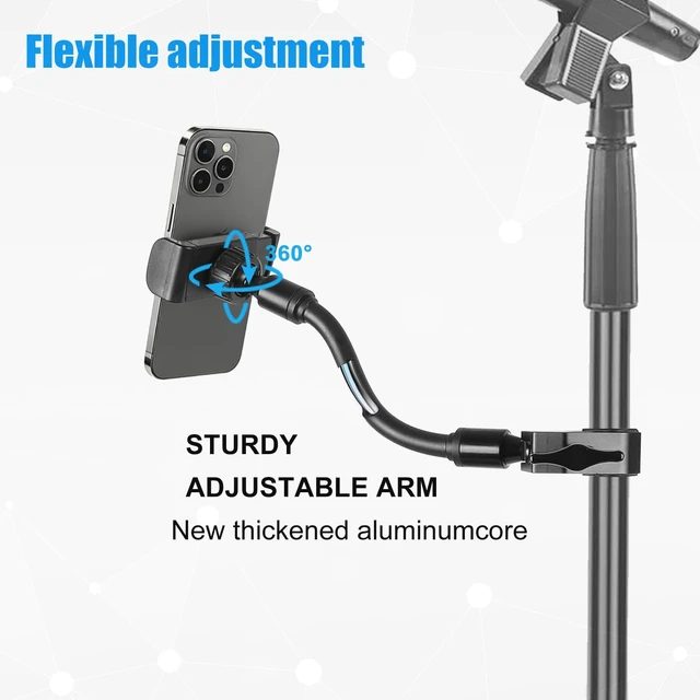 Alt view image 2 of 7 - Mic Stand Phone Holder, Aluminum Alloy Clamp Flexible Gooseneck Arm Phone Holder for Microphone Stand Ring Light Tripod Pole Tube Rod Desk Table, for iPhone, Samsung Galaxy, and Any Smartphones