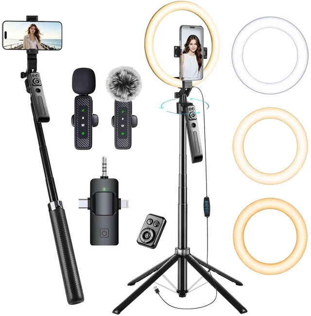 Main image of 72" Vlogging Kit Tracking Tripod for iPhone 2 Wireless Mics & 10"Ring Light | 360° Rotation Stand with Remote & Gesture Control, LED Light with 3 Color Modes & 9 Brightness Levels for TikTok, YouTube