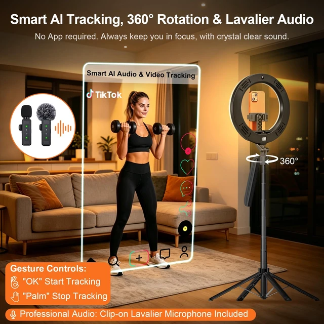 Alt view image 2 of 7 - 72" Vlogging Kit Tracking Tripod for iPhone 2 Wireless Mics & 10"Ring Light | 360° Rotation Stand with Remote & Gesture Control, LED Light with 3 Color Modes & 9 Brightness Levels for TikTok, YouTube