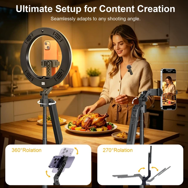 Alt view image 3 of 7 - 72" Vlogging Kit Tracking Tripod for iPhone 2 Wireless Mics & 10"Ring Light | 360° Rotation Stand with Remote & Gesture Control, LED Light with 3 Color Modes & 9 Brightness Levels for TikTok, YouTube