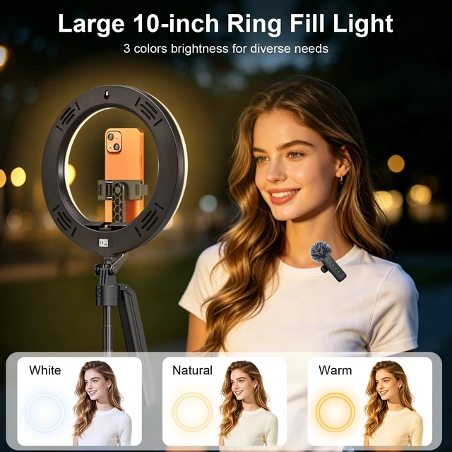 Alt view image 4 of 7 - 72" Vlogging Kit Tracking Tripod for iPhone 2 Wireless Mics & 10"Ring Light | 360° Rotation Stand with Remote & Gesture Control, LED Light with 3 Color Modes & 9 Brightness Levels for TikTok, YouTube