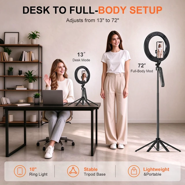 Alt view image 5 of 7 - 72" Vlogging Kit Tracking Tripod for iPhone 2 Wireless Mics & 10"Ring Light | 360° Rotation Stand with Remote & Gesture Control, LED Light with 3 Color Modes & 9 Brightness Levels for TikTok, YouTube
