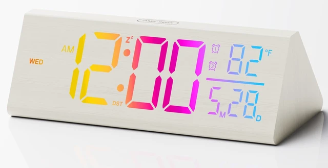 Main image of Solid Wood Digital Alarm Clock for Bedroom - 8.8 Inch Large Display for Living Room, See Time Instantly! Multicolor Backlight Time Display, Dual Alarms, Date/Temp/Day, DST, Snooze (White)