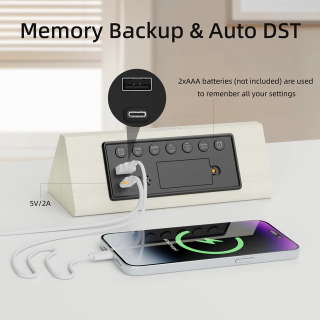 Alt view image 4 of 7 - Solid Wood Digital Alarm Clock for Bedroom - 8.8 Inch Large Display for Living Room, See Time Instantly! Multicolor Backlight Time Display, Dual Alarms, Date/Temp/Day, DST, Snooze (White)