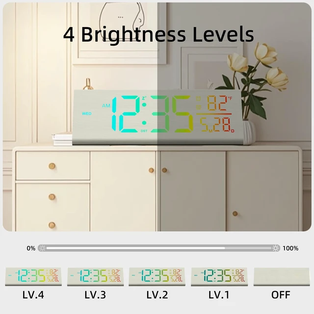 Alt view image 6 of 7 - Solid Wood Digital Alarm Clock for Bedroom - 8.8 Inch Large Display for Living Room, See Time Instantly! Multicolor Backlight Time Display, Dual Alarms, Date/Temp/Day, DST, Snooze (White)