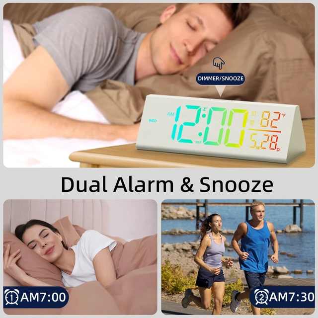 Alt view image 5 of 7 - Solid Wood Digital Alarm Clock for Bedroom - 8.8 Inch Large Display for Living Room, See Time Instantly! Multicolor Backlight Time Display, Dual Alarms, Date/Temp/Day, DST, Snooze (White)