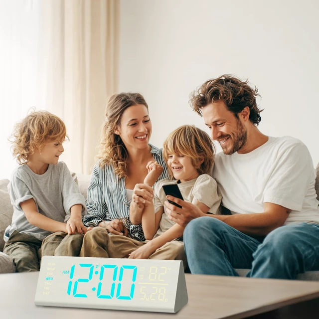 Alt view image 7 of 7 - Solid Wood Digital Alarm Clock for Bedroom - 8.8 Inch Large Display for Living Room, See Time Instantly! Multicolor Backlight Time Display, Dual Alarms, Date/Temp/Day, DST, Snooze (White)