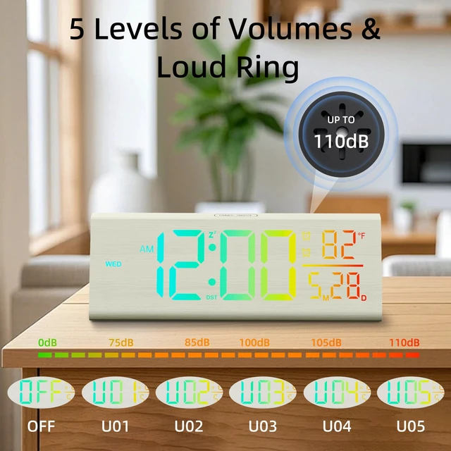 Alt view image 3 of 7 - Solid Wood Digital Alarm Clock for Bedroom - 8.8 Inch Large Display for Living Room, See Time Instantly! Multicolor Backlight Time Display, Dual Alarms, Date/Temp/Day, DST, Snooze (White)