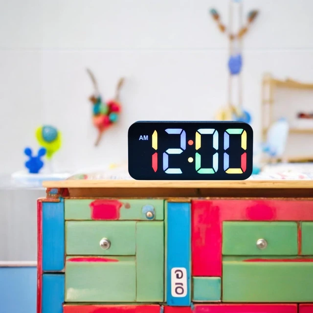 Alt view image 2 of 5 - Digital alarm clock with color-changing display, 13 display modes, 3 alarm volumes, USB-C charging port (grey)