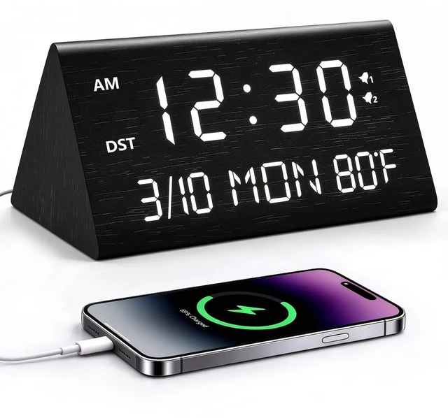 Main image of Premium Wooden Digital Alarm Clock with USB Charging Ports, Dimmable LED Display, Date, Day of Week, Temperature, DST, Digital Desk Clock for Bedrooms, Nightstand, Bedside, Table, Office, Living Room