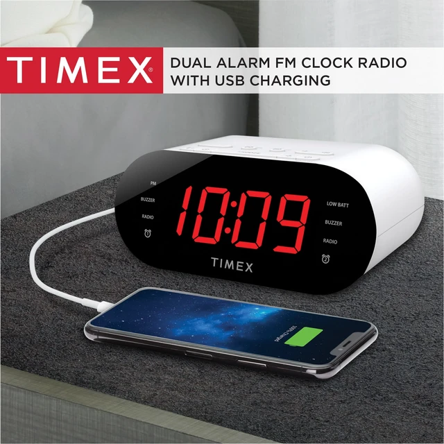 Alt view image 2 of 6 - Alarm Clock for Bedroom with FM Radio and 10 Station Presets, Clock Radio with USB Charger, Dual Alarms and Large Display- White(T232W)